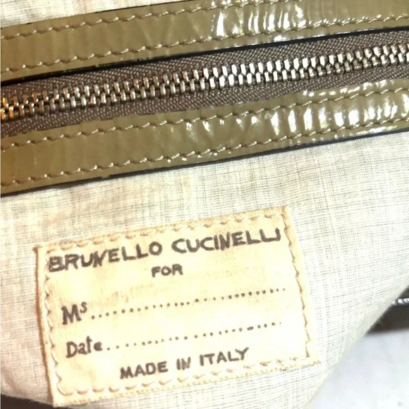 Brunello Cucinelli convertible taupe patent & suede backpack